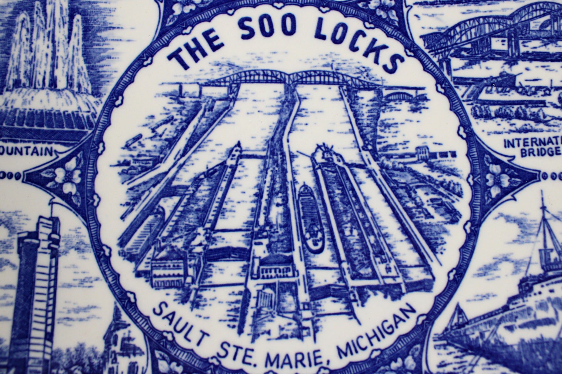 The Soo Locks in Sault Ste. Marie, Michigan, Blue Porcelain Souvenir Plate