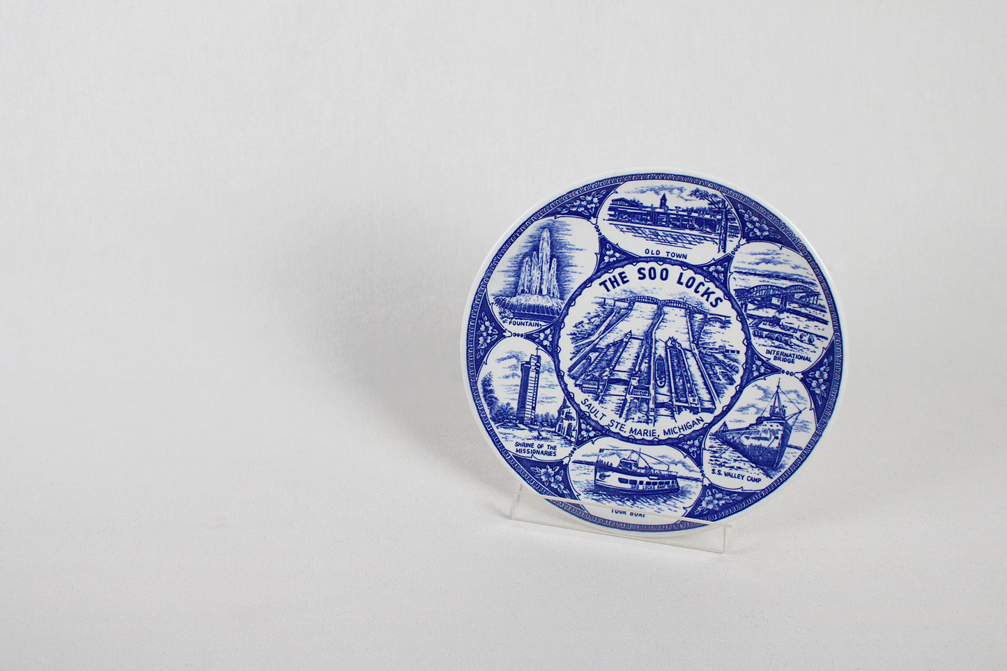 The Soo Locks in Sault Ste. Marie, Michigan, Blue Porcelain Souvenir Plate