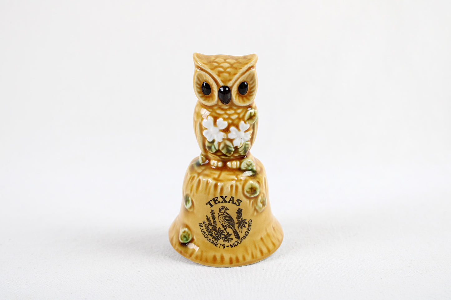 Texas Souvenir Owl Bell With State Symbols: Bluebonnets & Mockingbird