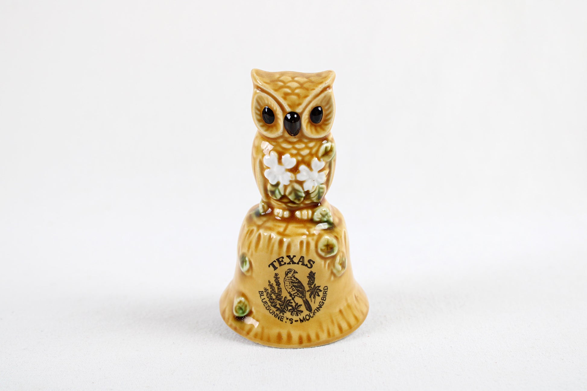 Texas Souvenir Owl Bell With State Symbols: Bluebonnets & Mockingbird