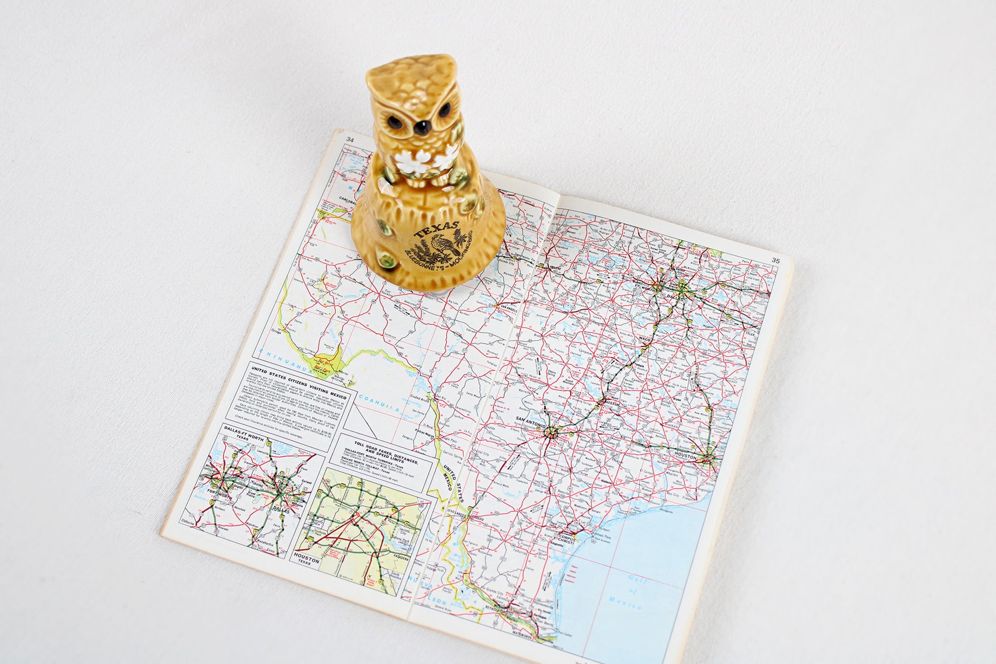 Texas Souvenir Owl Bell With State Symbols: Bluebonnets & Mockingbird