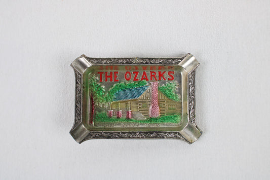 The Ozarks “Old Matt’s Cabin” Metal Ashtray Souvenir