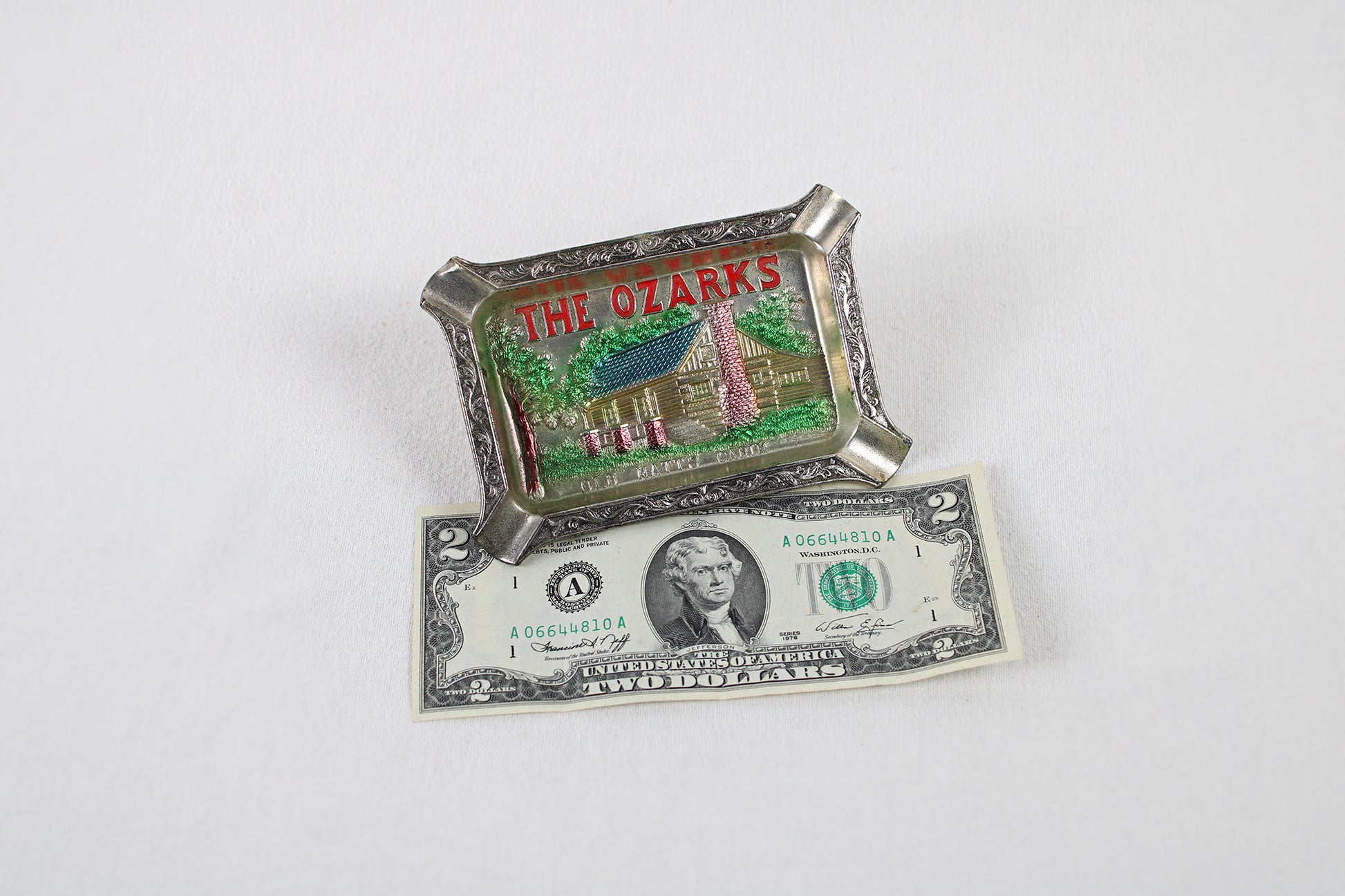 The Ozarks “Old Matt’s Cabin” Metal Ashtray Souvenir