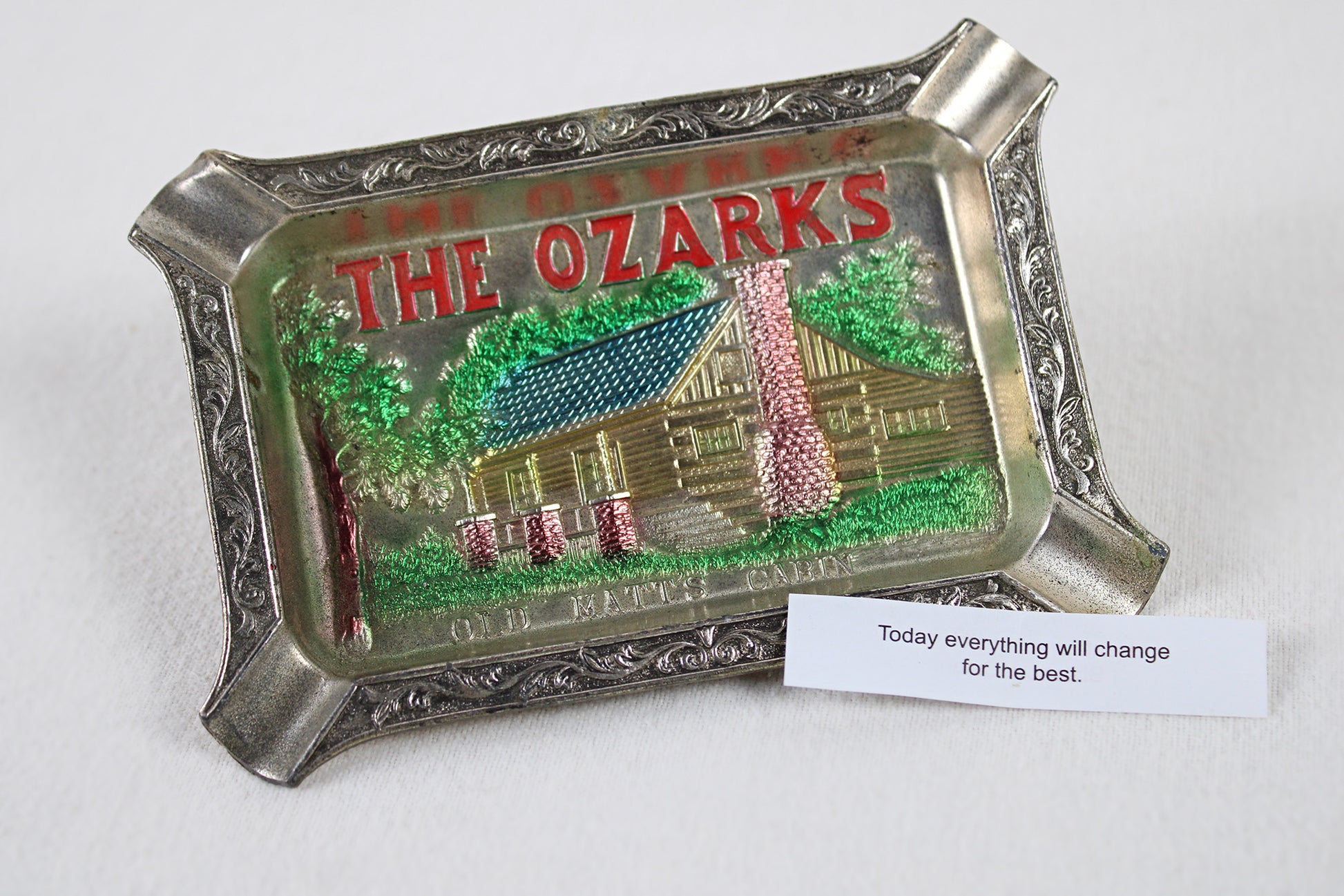 The Ozarks “Old Matt’s Cabin” Metal Ashtray Souvenir