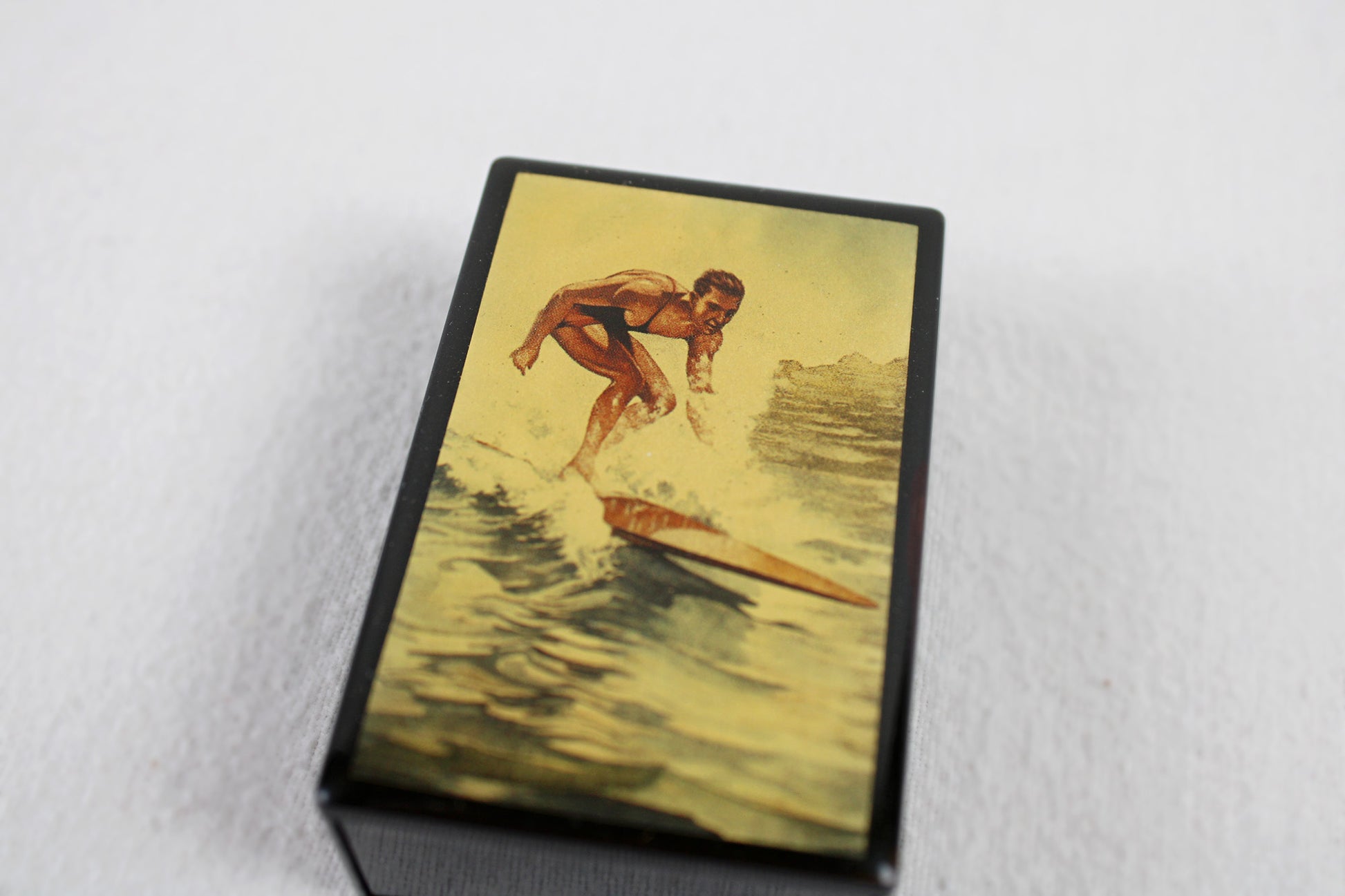Coastal Region Vintage Surfer On A Slide Open Plastic Match / Stash Box