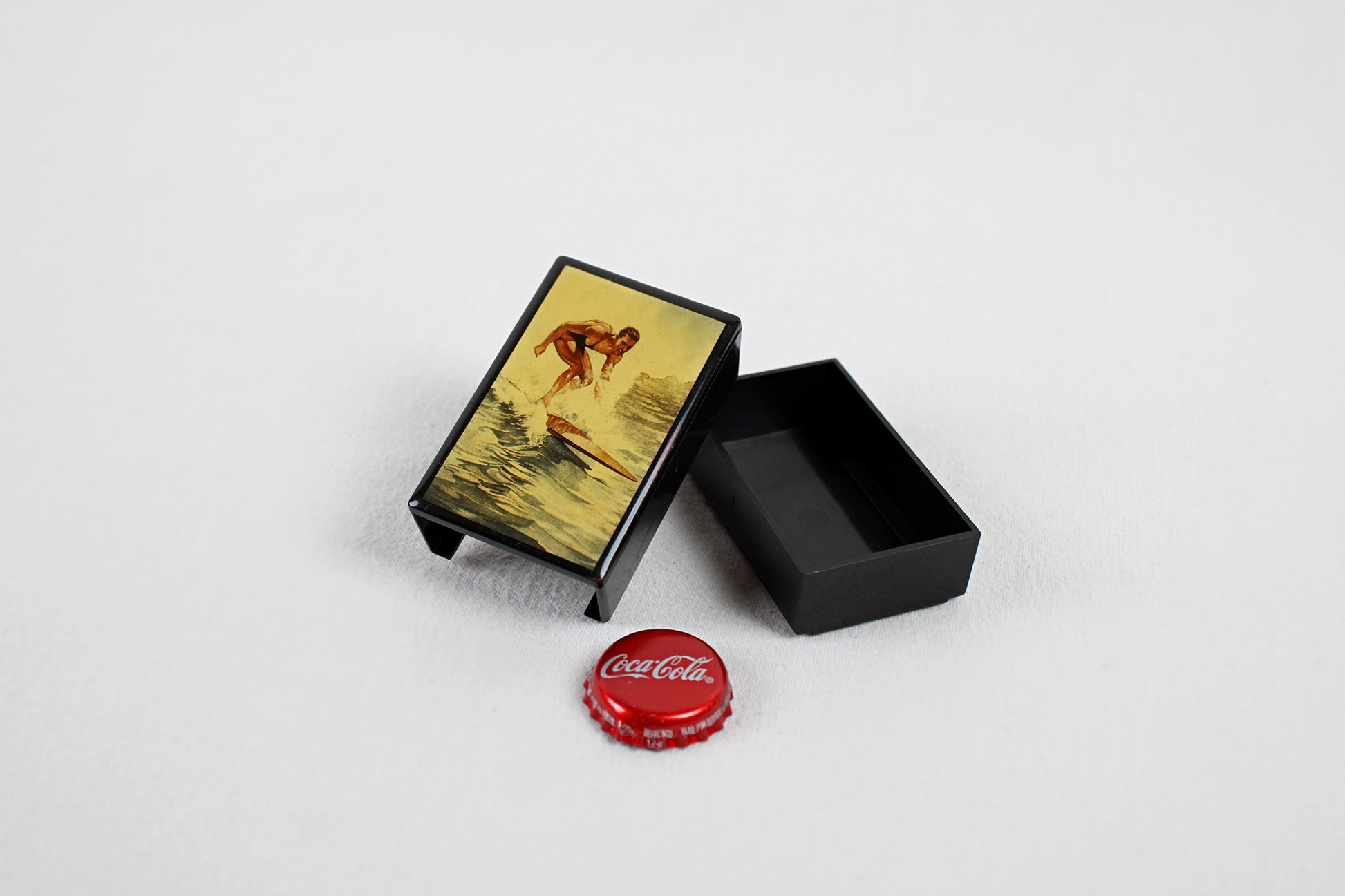 Coastal Region Vintage Surfer On A Slide Open Plastic Match / Stash Box
